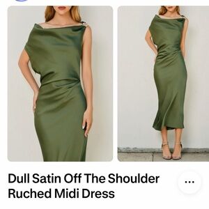 Dress Forum Olive Satin Off-Shoulder Midi Dress